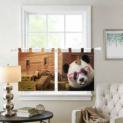 Farm Panda Kitchen Curtains 24 Inch Length, Small Window Curtains Tab Top, Farmhouse Barn Funny Animals Butterfly Light Filtering Short Window Treatments Tier Drapes 27.5"x24" 2 Panel