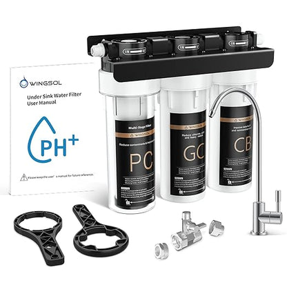 Water Filter for Sink with Faucet, 3-Stage Deep Filtration, Reduce Heavy Metals/Chlorine/PFAS/Odor/Sediment, NSF/ANSI 42&53 Improve Taste, Life Indication Mineral pH+ Under Sink Water Filter
