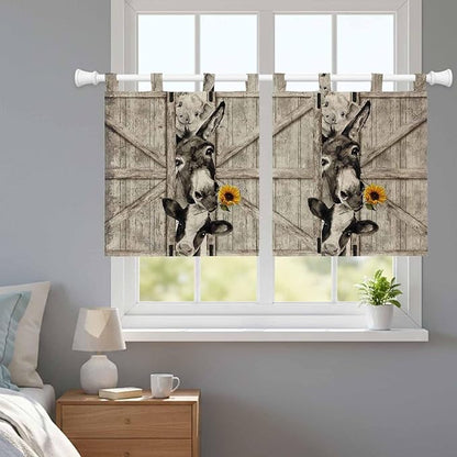 Funny Farm Animals Kitchen Curtains 24 Inch Length, Small Window Curtains Tab Top, Vintage Barn Brown Sunflowers Light Filtering Short Window Treatments Tier Drapes 27.5"x24" 2 Panel