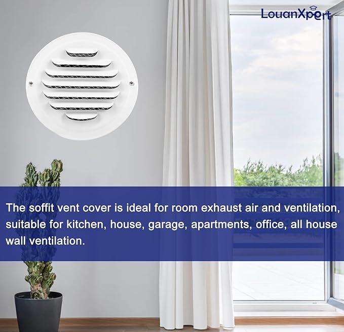6 Inch White Soffit Vent Covers,LouanXpert Stainless Steel Round Air Vent Covers with Built-in Fine Mesh for Garage, Apartment,Office (150mm - 2PCS)