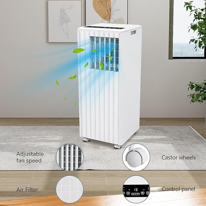 8000 BTU Portable Air Conditioner, Portable AC Unit with Fan & Dehumidifier, Air Conditioner Portable for Rooms Up to 350 Sq Ft, Remote Control, 24H Timer for Bedroom, Office, Apartment, White