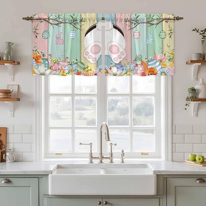 Easter Kitchen Tier Curtains 36 Inch Long 2 Panel Set,Rod Pocket Half Window Curtains Over Sink,Spring Colorful Bunny Eggs Flower Wood Grain Light Filtering Short Drapes Cafe 27.5"W x 36"L