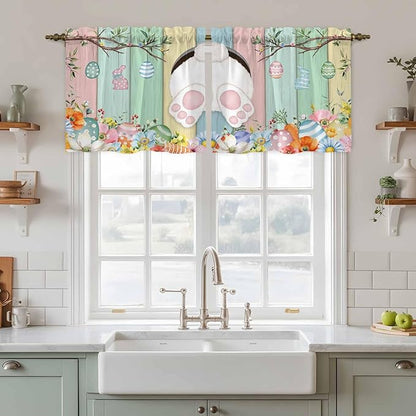 Easter Kitchen Tier Curtains 24 Inch Long 2 Panel Set,Rod Pocket Cafe Small Window Curtains Over Sink,Spring Colorful Bunny Eggs Flower Wood Grain Light Filtering Short Drapes 27.5"W x 24"L