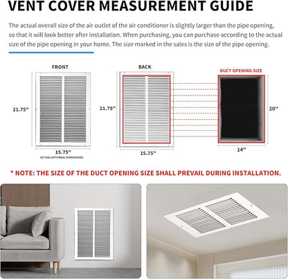 14x20 Return Air Grille(Duct Opening Size),Air Return Vent Cover,Flat Vent Cover,Rejillas De Aire Acondicionado para Casa,Return Air Grilles,Outer Dimensions:15.75"Wx21.75"H(14"Wx20"H, Duct Opening)