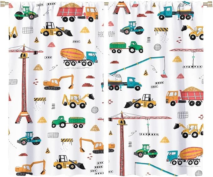 Construction Window Curtains, Kids Cartoon Construction Machines Building Hand Drawn Doodle Rod Pocket Decorative Windows Curtain for Children Teens Room Decor 72x63in (30% Blackout)
