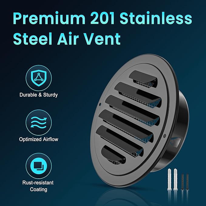 HG Power 4 Inch Black Stainless Steel Soffit Vent Cover - Round Exhaust Vent with Mesh Screen for Indoor/Outdoor Use in Homes, Offices, Factories (2-Pack, Hardware Not Included)
