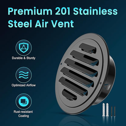 HG Power 4 Inch Black Stainless Steel Soffit Vent Cover - Round Exhaust Vent with Mesh Screen for Indoor/Outdoor Use in Homes, Offices, Factories (2-Pack, Hardware Not Included)