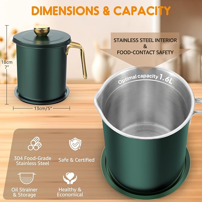 Chihee Stainless Steel Bacon Grease Saver with Fine Mesh Strainer, 2L / 67.6 fl oz, Non-slip Tray