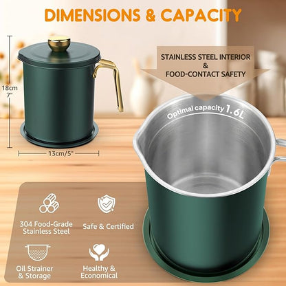 Chihee Stainless Steel Bacon Grease Saver with Fine Mesh Strainer, 2L / 67.6 fl oz, Non-slip Tray