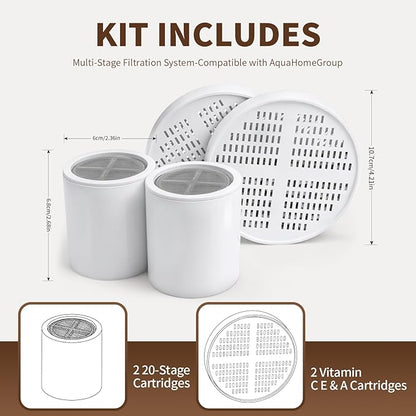 Shower Filter Replacement Cartridge Compatible with AquaHomeGroup, Vitamin C E & A Cartridges& 20-Stage Cartridges，Purified Water & Gentle Care（2Pack）