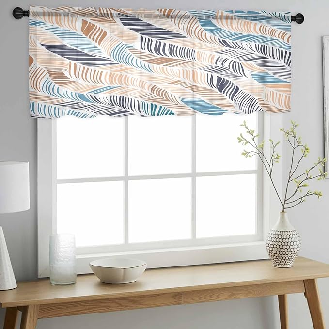 Abstract Stripes Sheer Valance Curtains, Brown Blue Gradient Wavy Lines Leaf Texture Light Filtering Kitchen Valances Rod Pocket Voile Curtain Window Treatment for Bedroom/Living Room/Basement 42Wx12L