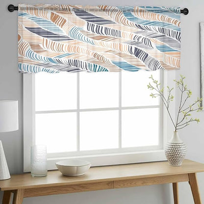 Abstract Stripes Sheer Valance Curtains, Brown Blue Gradient Wavy Lines Leaf Texture Light Filtering Kitchen Valances Rod Pocket Voile Curtain Window Treatment for Bedroom/Living Room/Basement 42Wx18L