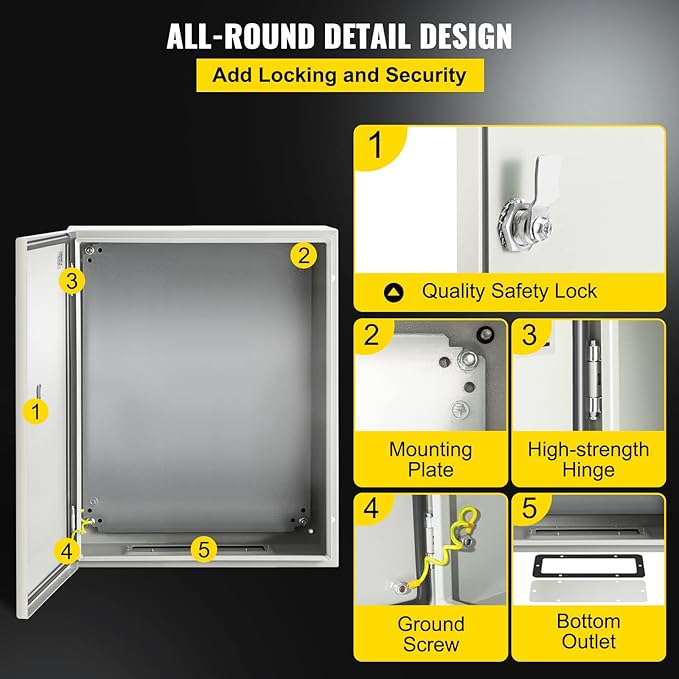 VEVOR NEMA Steel Enclosure, 20 x 16 x 6'' NEMA 4X Steel Electrical Box, IP66 Waterproof & Dustproof, Outdoor/Indoor Electrical Junction Box, with Mounting Plate