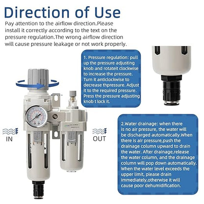 3/8" NPT Auto-Draining Air Filter Regulator Combo with Precision Pressure Gauge | Oil/Water Separator for Compressed Air Systems (0-150 PSI) | Heavy-Duty Brass Construction
