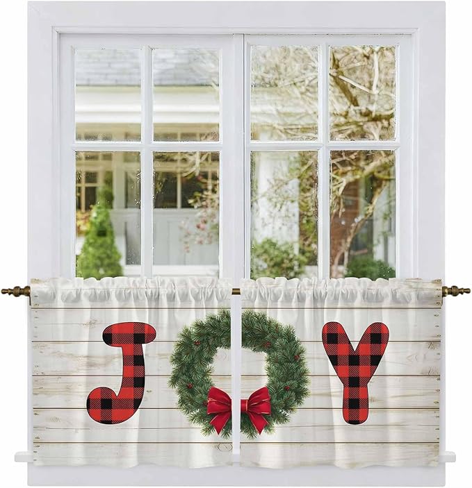 Christmas Wreaths Kitchen Tier Curtains 36 Inch Long 2 Panel Set,Rod Pocket Half Window Curtains Over Sink,Winter Bow Plaid Farmhouse Wooden Grain Short Drapes for Bathroom Cafe 27.5"W x 36"L