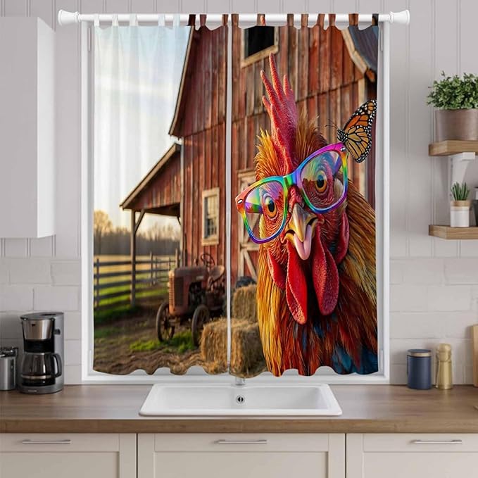 Farm Rooster Living Room Curtains 84 Inch Length, Window Curtains Tab Top, Farmhouse Barn Funny Animals Butterfly Light Filtering Window Treatments Drapes 52"x84" 2 Panel