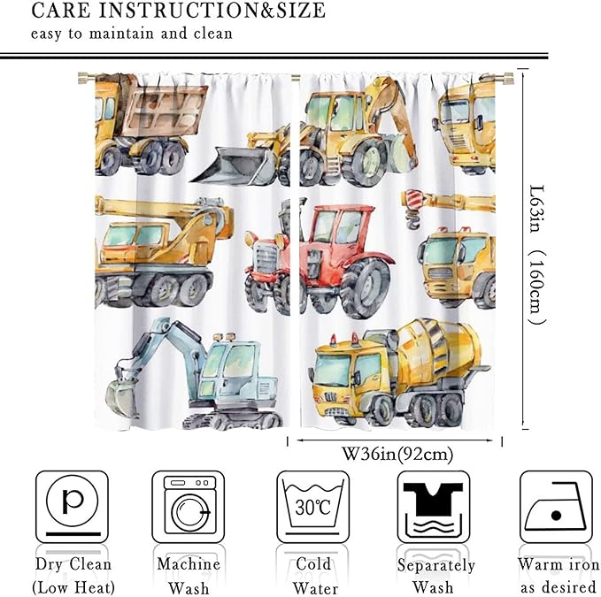 Kids Excavator Curtains, Retro Truck Tractor Machinery Construction Vehicle Crane Digger Mixer Rod Pocket Decorative Windows Curtain for Teens Girls Boys Room 72x63in (30% Blackout)