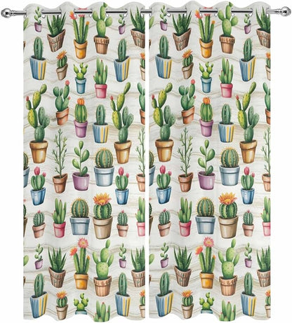 Summer Cactus Outdoor Curtains for Patio Cactus Tropical Plant Wooden Waterproof Outside Curtains with Grommet Top Weatherproof Curtain for Cabana Pergola Gazebo, 2 Pack, 54" W x 108" L