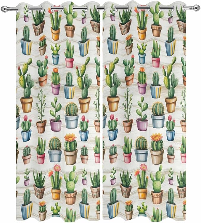 Summer Cactus Outdoor Curtains for Patio Cactus Tropical Plant Wooden Waterproof Outside Curtains with Grommet Top Weatherproof Curtain for Cabana Pergola Gazebo, 2 Pack, 54" W x 95" L