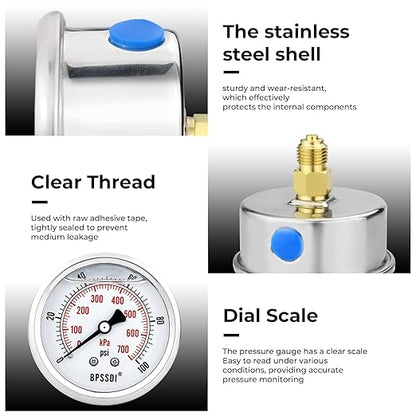 0-100Psi Glycerin Liquid Filled Low Pressure Gauge, 2.5" Dial Size, 1/4" G Back Mount, 304 Stainless Steel Case, for Water Pipe, HVAC, Water Oil Air Pressure Test
