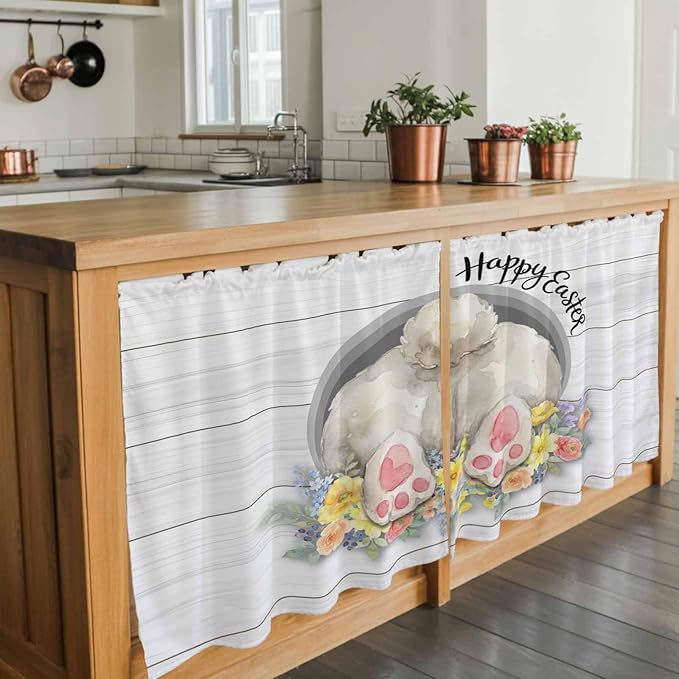 Easter Bunny Kitchen Tier Curtains 36 Inch Long 2 Panel Set,Rod Pocket Half Window Curtains Over Sink,3D Optical Illusion Farmhouse Flower Wood Grain Light Filtering Short Drapes Cafe 27.5"W x 36"L