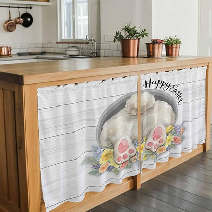 Easter Bunny Kitchen Tier Curtains 36 Inch Long 2 Panel Set,Rod Pocket Half Window Curtains Over Sink,3D Optical Illusion Farmhouse Flower Wood Grain Light Filtering Short Drapes Cafe 27.5"W x 36"L