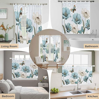 Blue Tulips Living Room Curtains 84 Inch Length, Window Curtains Tab Top, Watercolor Flowers Butterfly Spring Farmhouse Blue Light Filtering Window Treatments Drapes 42"x84" 2 Panel
