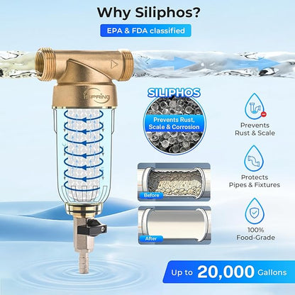 iSpring WSP-200SL Reusable Whole House Spin Down Sediment Water Filter, Siliphos Helps Prevent Scale and Corrosion, 1" MNPT + 3/4" FNPT, 200 Micron