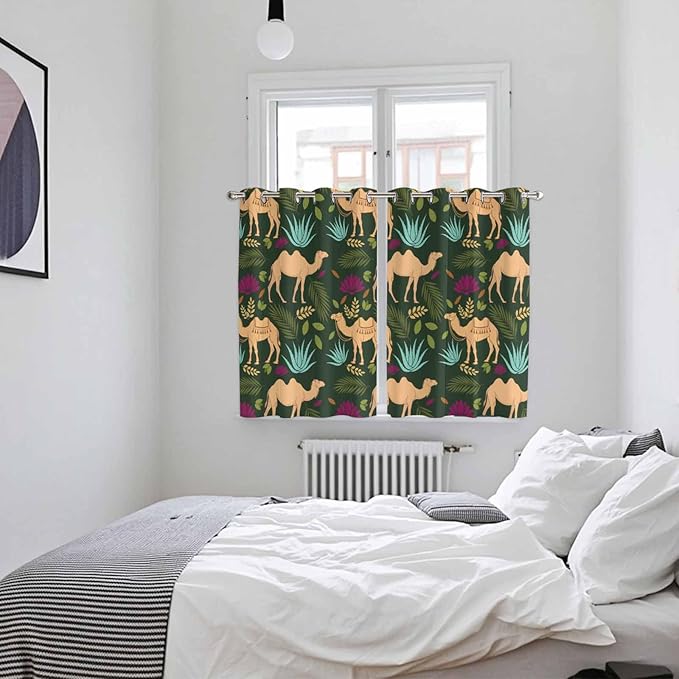 2 Panel Kitchen Cafe Curtains, Retro Desert Camel Sunlight Filtering Nature Air Through, Window Decor Tier Curtains for Living Room 104W x 72L inch Tropical Animal Aloe Vera Leaves Dark Green