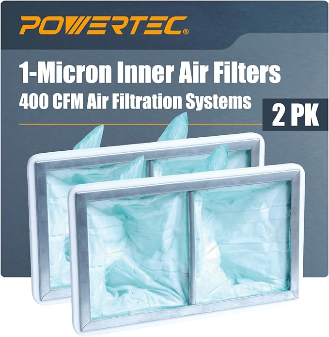 POWERTEC 1 Micron Inner Air Filter for WEN 3410, POWERTEC AF4000/AF4001, Shop Fox W1830 Air Filtration System, Replacement for WEN 90243-026-2 Woodworking Air Filters for Workshop & Garage, 2PK