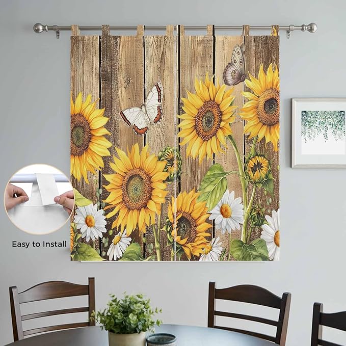 Farmhouse Sunflowers Bedroom Curtains 72 Inch Length, Window Curtains Tab Top, Rustic Floral Buttterfly Wood Board Brown Light Filtering Window Treatments Drapes 52"x72" 2 Panel