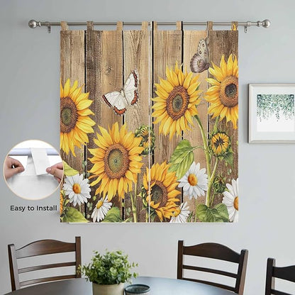 Farmhouse Sunflowers Bedroom Curtains 72 Inch Length, Window Curtains Tab Top, Rustic Floral Buttterfly Wood Board Brown Light Filtering Window Treatments Drapes 52"x72" 2 Panel