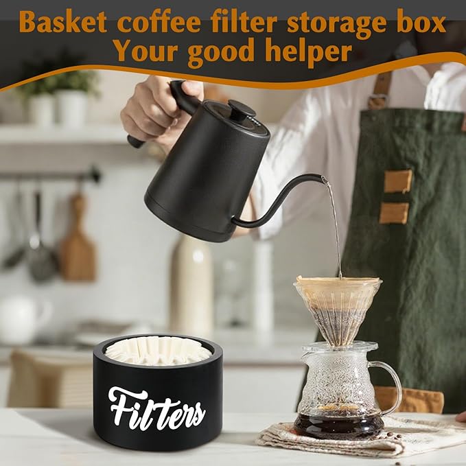 Wooden Coffee Filter Holder with Lid, Basket Coffee Filter Storage Container for Counter, Rustic Farmhouse Café Bar Decor, 50 Count Capacity (Black)