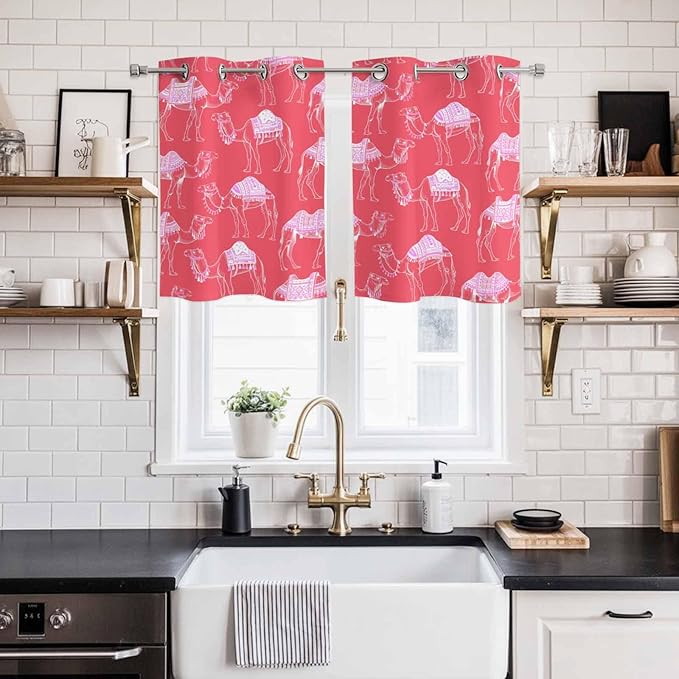 2 Panel Kitchen Cafe Curtains, Desert Camel Sunlight Filtering Nature Air Through, Home Decor Window Covering Tier Curtains for Living Room 55W x 39L inch Summer Sand Camel Animal Vintage Pink