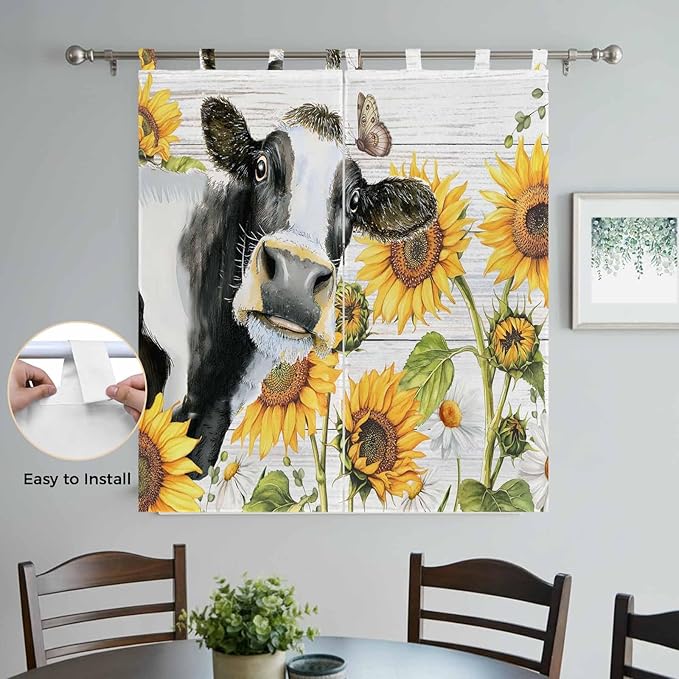 Retro Farmhouse Floral Living Room Curtains 84 Inch Length, Window Curtains Tab Top, Yellow Sunflowers Cows Butterfly Wood Light Filtering Window Treatments Drapes 42"x84" 2 Panel