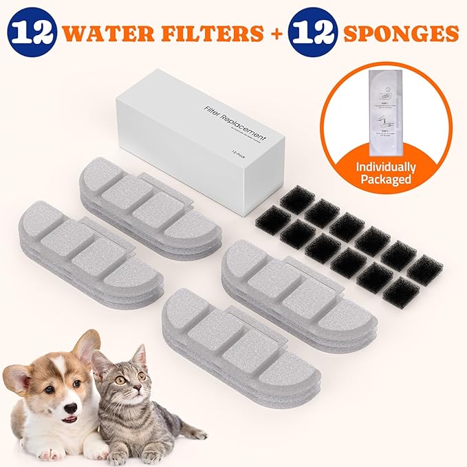 Pawtners 12 Packs Replacement Filters for WF008A Cat Water Fountain, Multiple Filtration Material, Replacement Filter for Pet Cats Dogs Water Fountains