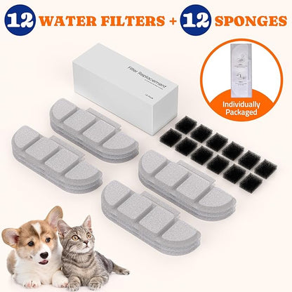 Pawtners 12 Packs Replacement Filters for WF008A Cat Water Fountain, Multiple Filtration Material, Replacement Filter for Pet Cats Dogs Water Fountains