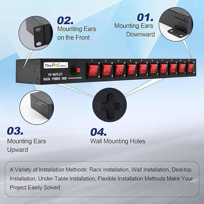10-Outlet 1U Rack Mount Power Strip - Surge Protector, Features 10 Front Switches with LED Light - Ideal, w/ 6 ft Cord for Network Server Racks and Cabinets