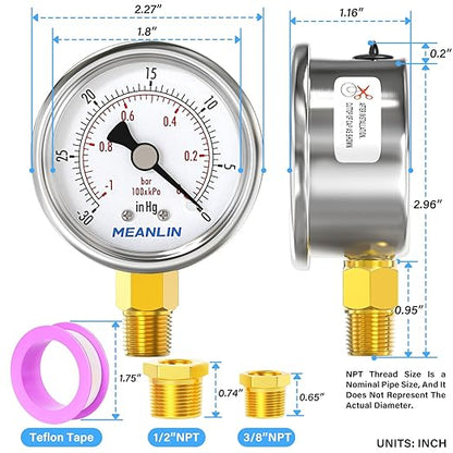 MEANLIN MEASURE -30inHG~0Psi Vacuum Gauge Stainless Steel 1/4" NPT 2" FACE DIAL Waterproof for Air Compressor HVAC Negative Pressure Hand Pump Pool Lower Mount, with 1/2" NPT and 3/8" NPT Hex Bushing
