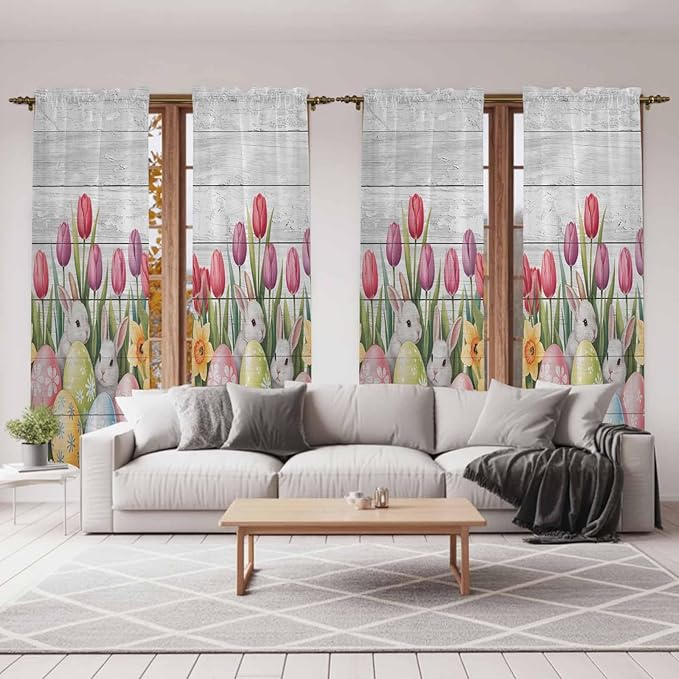 Easter Window Curtains 72 Inch Long 2 Panel Set, Rod Pocket Long Curtains & Drapes, Retro Spring Bunny Eggs Tulip Farm Wooden Grain Light Filtering Window Treatment for Bedroom Living Room 52"W x 72"L