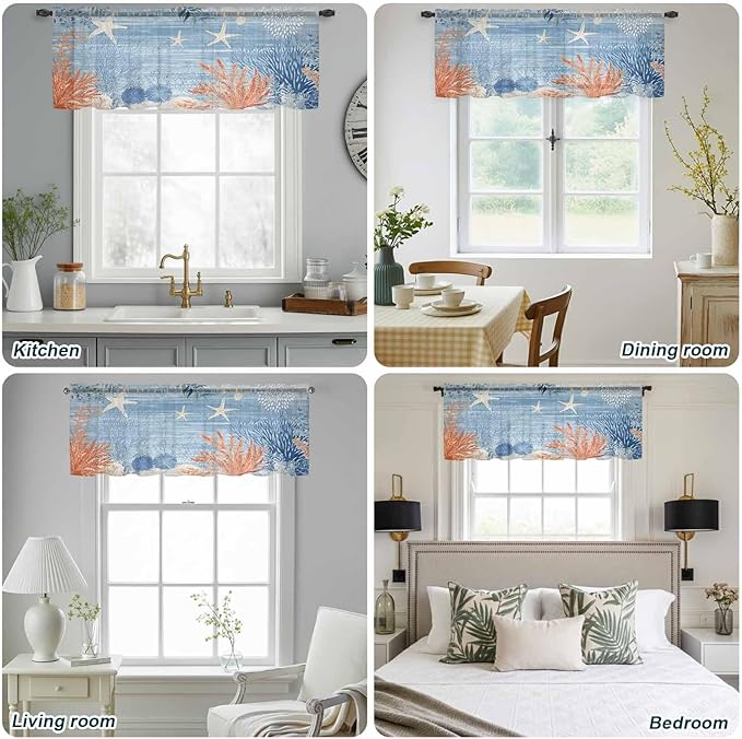 Ocean Corals Sheer Valance Curtains, Summer Beach Coral Sea Stars Blue Stripes Light Filtering Kitchen Valances Rod Pocket Voile Curtain Window Treatment for Bedroom/Living Room/Basement 60Wx18L