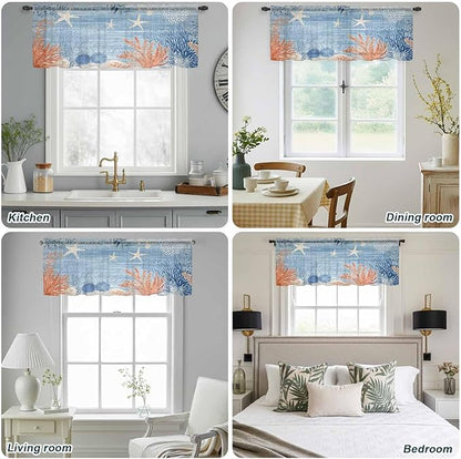 Ocean Corals Sheer Valance Curtains, Summer Beach Coral Sea Stars Blue Stripes Light Filtering Kitchen Valances Rod Pocket Voile Curtain Window Treatment for Bedroom/Living Room/Basement 60Wx18L