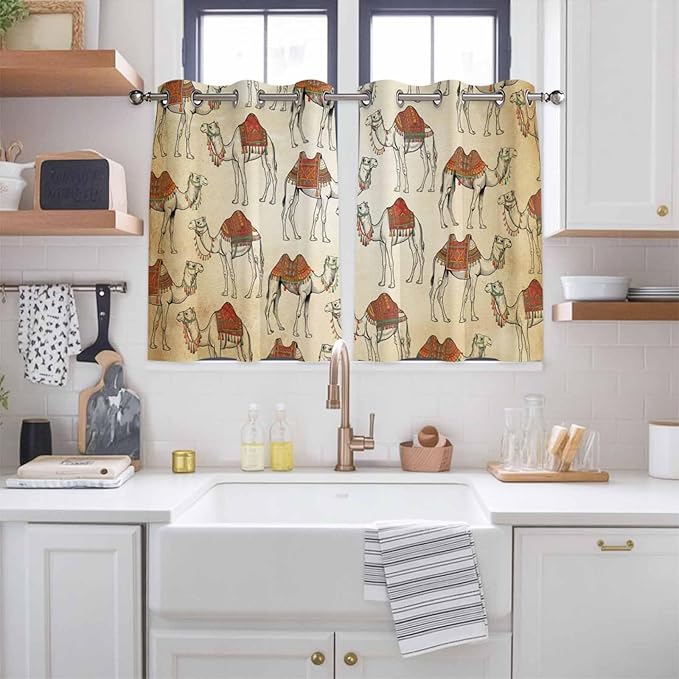 2 Panel Kitchen Cafe Curtains, Desert Sand Camel Sunlight Filtering Nature Air Through, Home Decor Window Covering Tier Curtains for Bedroom Living Room Summer Tropical Animals Vintage Beige