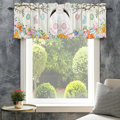 Easter Curtain Valances for Windows, Kitchen Valance Window Treatment, Spring Farmhouse Watercolor Bunny Eggs Wood Grain Light Filtering Block Curtains for Bathroom/Bedroom/Living Room 42'' x 12''