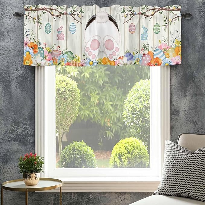 Easter Curtain Valances for Windows, Kitchen Valance Window Treatment, Spring Farmhouse Watercolor Bunny Eggs Wood Grain Light Filtering Block Curtains for Bathroom/Bedroom/Living Room 42'' x 18''
