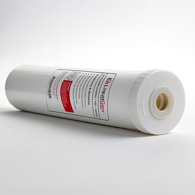 LiquaGen Activated Alumina + Carbon + KDF-55 Replacement Water Filter Cartridge – Helps Manage Fluoride, Chlorine & Taste, Refillable 2.5" x 10", 2.5" x 20", 4.5" x 10", 4.5" x 20" (1, 4.5" x 20")