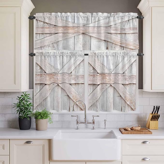 Kitchen Window Curtains Valance and Tier Set, Farmhouse Retro Wooden Barn Rod Pocket Tier Curtain Valance Set, Vintage Village Wood Grain Light Filtering Cafe Curtains for Bedroom Living Room