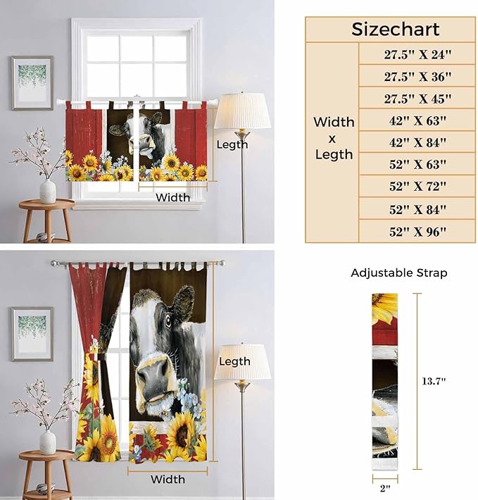 Cows Sunflowers Kitchen Curtains 36 Inch Length, Small Window Curtains Tab Top, Rustic Farms Barns Flowers Bees Animals Light Filtering Short Window Treatments Tier Drapes 27.5"x36" 2 Panel