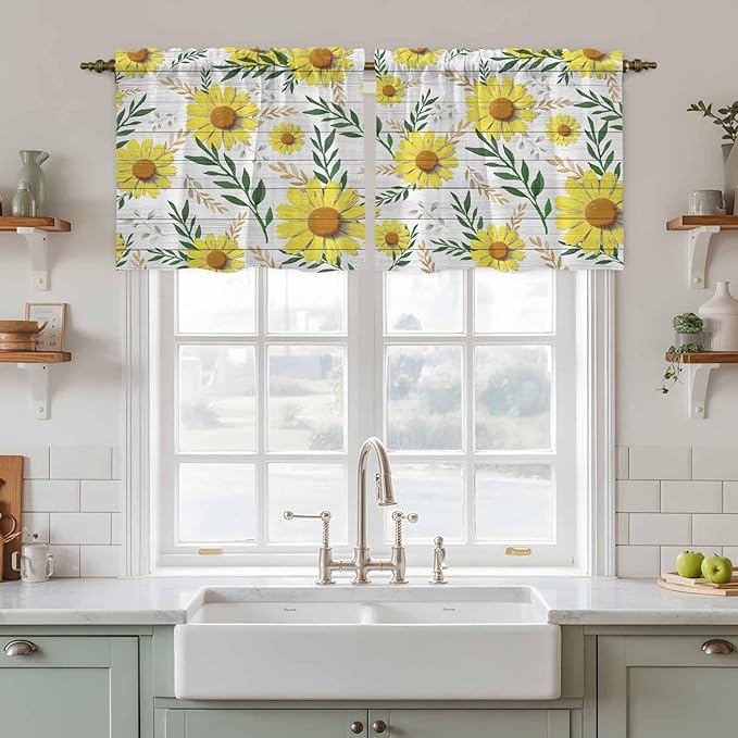 Yellow Daisy Tier Curtains, Farmhouse Country Flower Leaf Plant Wood Grain Light Filtering Kitchen Curtains, 2Pcs Rod Pocket Half Window Treatments Panels for Sink Cafe Cabinet Camper 27.5x36 Inches