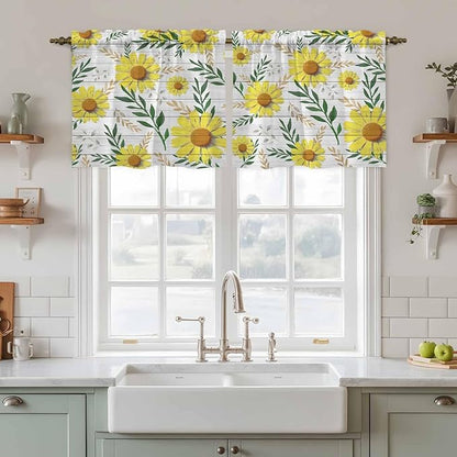 Yellow Daisy Tier Curtains, Farmhouse Country Flower Leaf Plant Wood Grain Light Filtering Kitchen Curtains, 2Pcs Rod Pocket Half Window Treatments Panels for Sink Cafe Cabinet Camper 27.5x24 Inches
